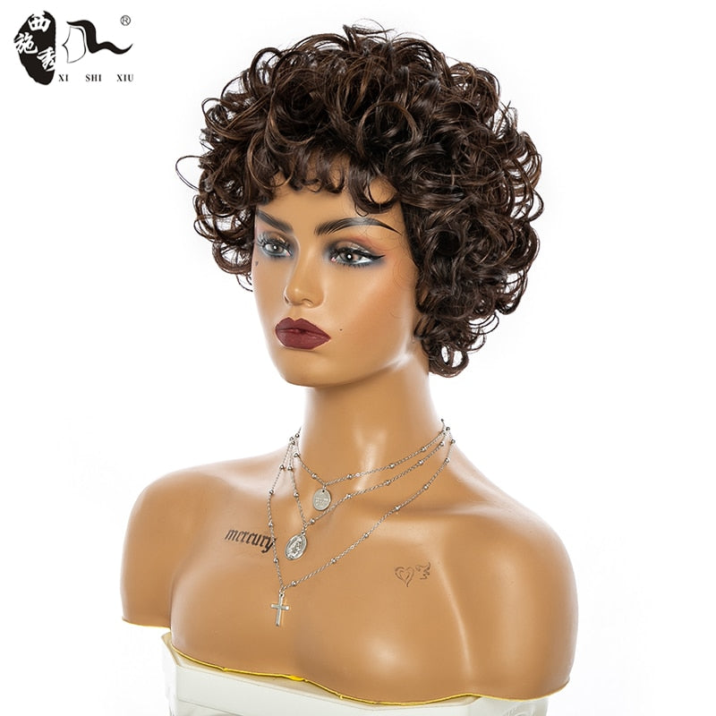 Synthetic Omber Brown Glueless Cosplay Wigs XISHIXIU Short Hair Curly Wigs With Bangs For White Women African High Temperature