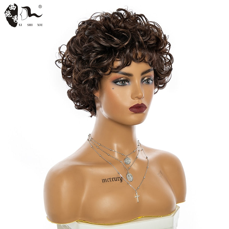 Synthetic Omber Brown Glueless Cosplay Wigs XISHIXIU Short Hair Curly Wigs With Bangs For White Women African High Temperature