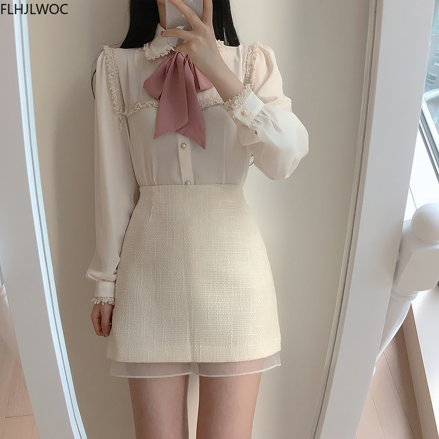 2020 Autumn Women's Cute Bow Tie Tops Preppy Style Vintage Japaneses Korea Design Button Elegant Formal White Shirts Blouses