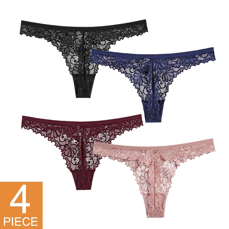 Sexy Lace Panties Women Thong Lace Breathable Low Waist Cotton Fashion Women's Hollow Embroidered Underwear Lingerie 4pcs/lot