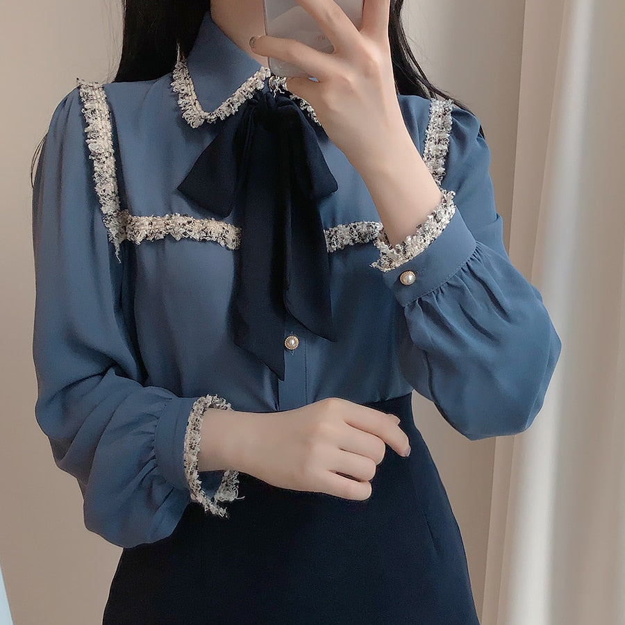 2020 Autumn Women's Cute Bow Tie Tops Preppy Style Vintage Japaneses Korea Design Button Elegant Formal White Shirts Blouses