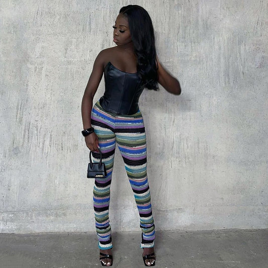 Women Popular Pile Up Trousers Pants Y2K Color Blocking Streak High Street Style Jurk High Waist Sheath Slim Female Wear