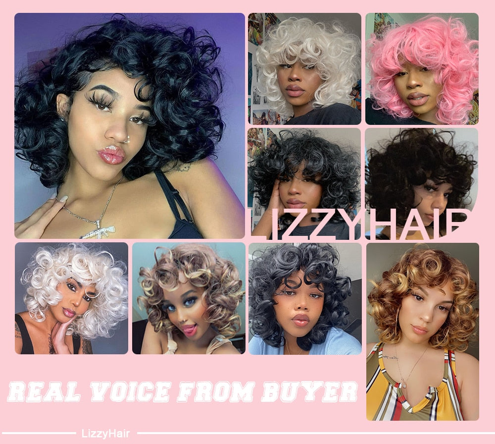 Short Hair Afro Curly Wig With Bangs Loose Synthetic Cosplay Fluffy Shoulder Length Natural Wigs For Black Women Dark Brown 14"