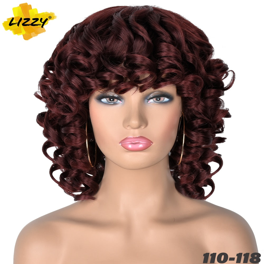 Short Hair Afro Curly Wig With Bangs Loose Synthetic Cosplay Fluffy Shoulder Length Natural Wigs For Black Women Dark Brown 14"
