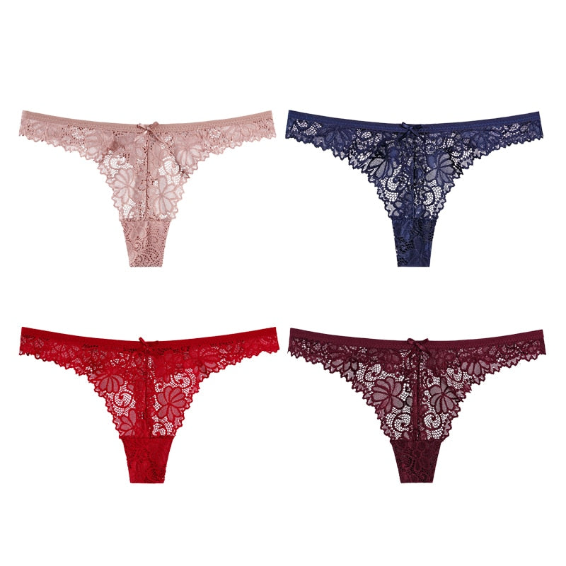 Sexy Lace Panties Women Thong Lace Breathable Low Waist Cotton Fashion Women's Hollow Embroidered Underwear Lingerie 4pcs/lot