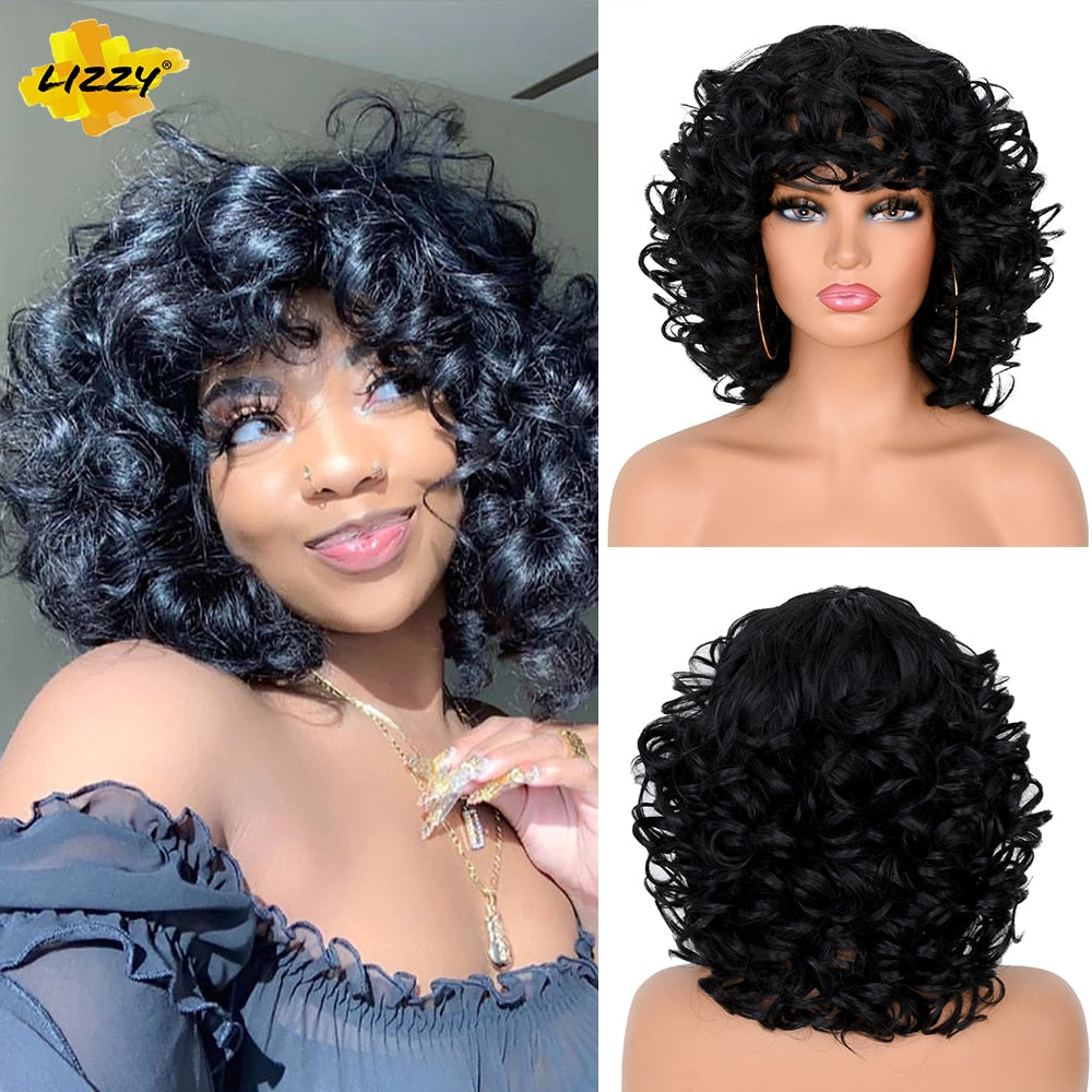 Short Hair Afro Curly Wig With Bangs Loose Synthetic Cosplay Fluffy Shoulder Length Natural Wigs For Black Women Dark Brown 14"