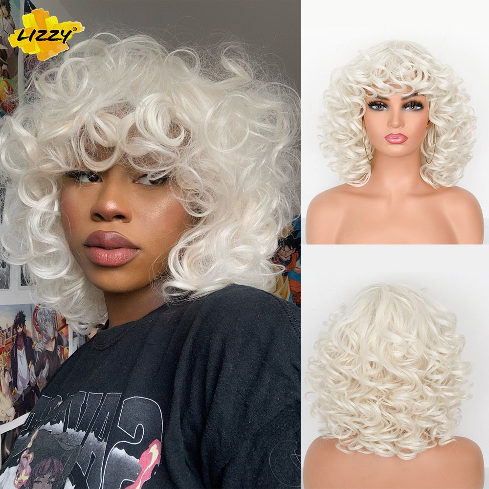 Short Hair Afro Curly Wig With Bangs Loose Synthetic Cosplay Fluffy Shoulder Length Natural Wigs For Black Women Dark Brown 14"