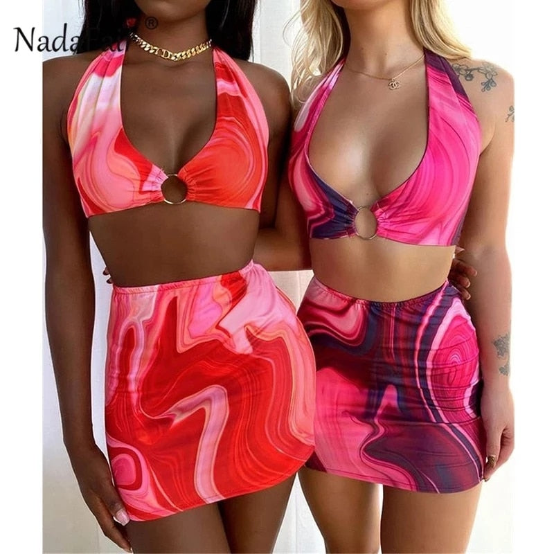 Nadafair Tie Dye Printed Mini Bodycon Dress Festival Outfits Party Club For Women Backless Halter Cut Out Sexy Summer Dress 2021