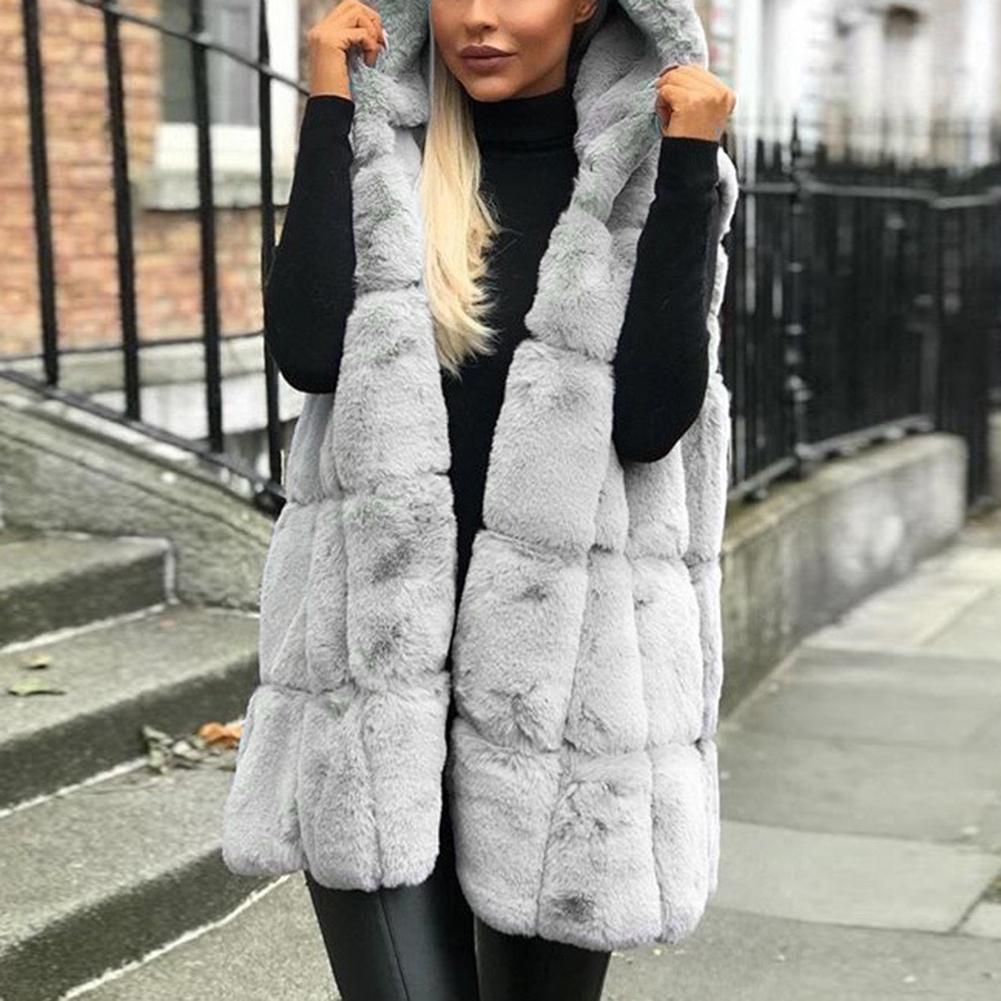 Plus Size Winter Thick Vest Jacket Faux Fur Casual Solid Color Hooded Waistcoat Long Knit Oversize Women Jacket Vest