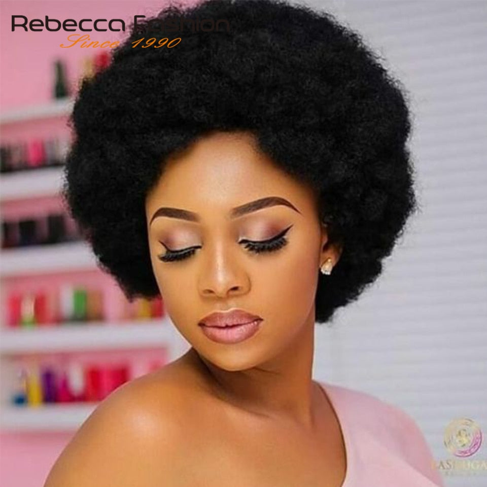 Rebecca Short Brazilian Afro Kinky Curly Wig Color 2# Dark Brown Red Human Hair Kinky Curly Non Lace Wigs For Women