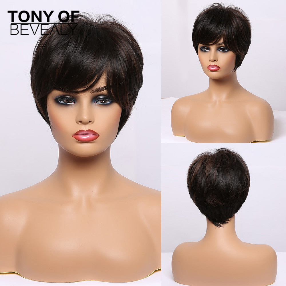 Short Straight Wigs Ombre Brown Synthetic Hair Wigs with Bangs for Black Women Daily Cosplay Heat Resistant Natural Hair Wigs