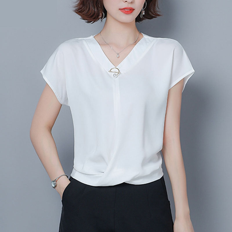 Spring Summer New Plus Size Irregular Chiffon Shirts Women Loose Bat Short Sleeve V-neck Office Lady Solid Elegant Blusas 9051