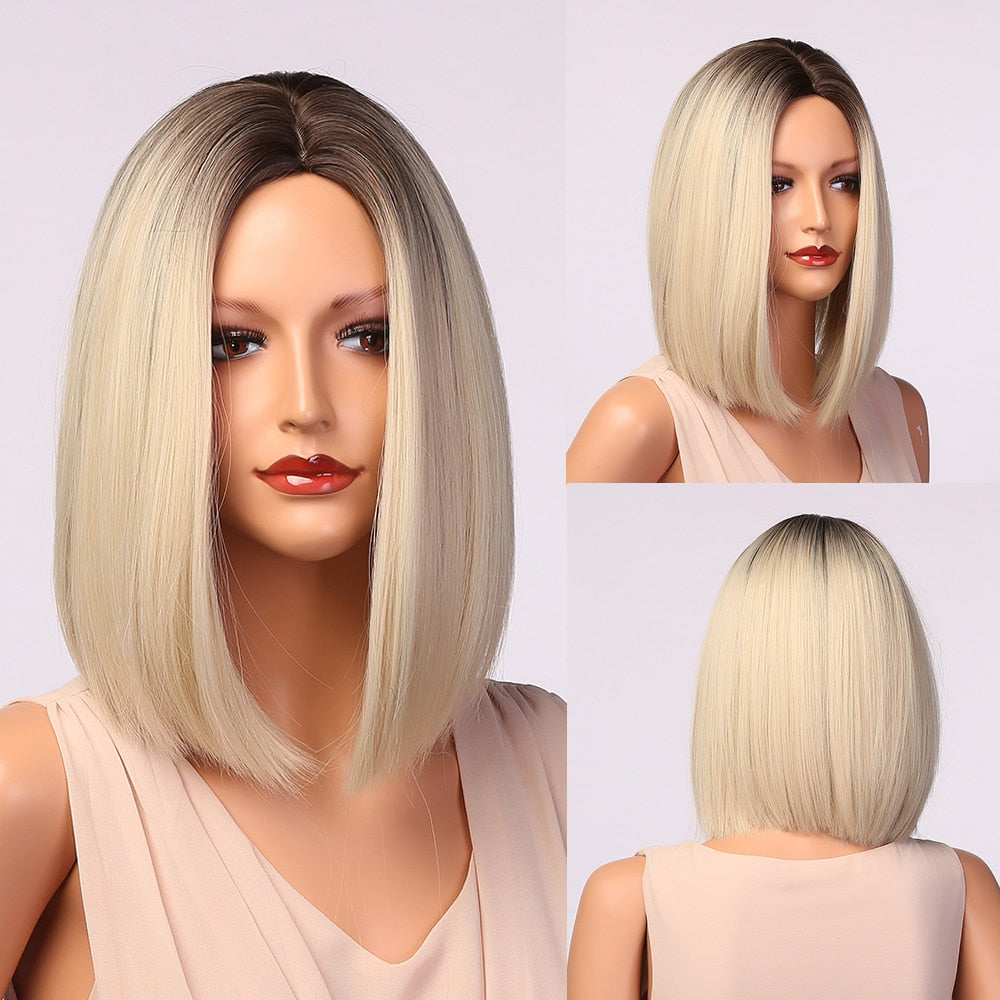 HENRY MARGU Short Straight Synthetic Wigs Blonde Ombre Bob Wigs for Women Middle Part Natural Hairs Daily Party Heat Resistant