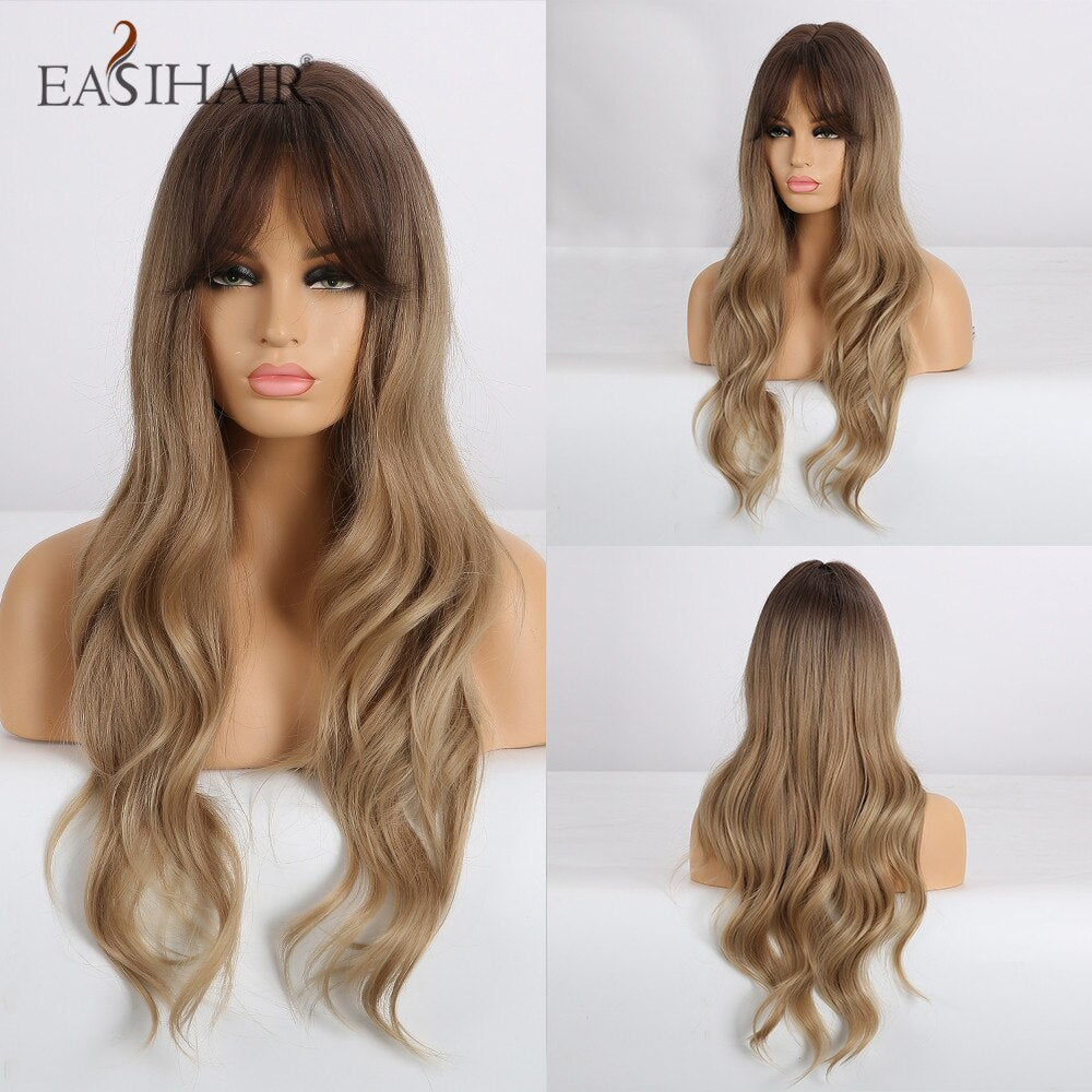 EASIHAIR Long Ombre Brown Wavy Synthetic Wigs for Women Wigs with Bangs Heat Resistant Blonde Cosplay Wigs Daily Natural Hair