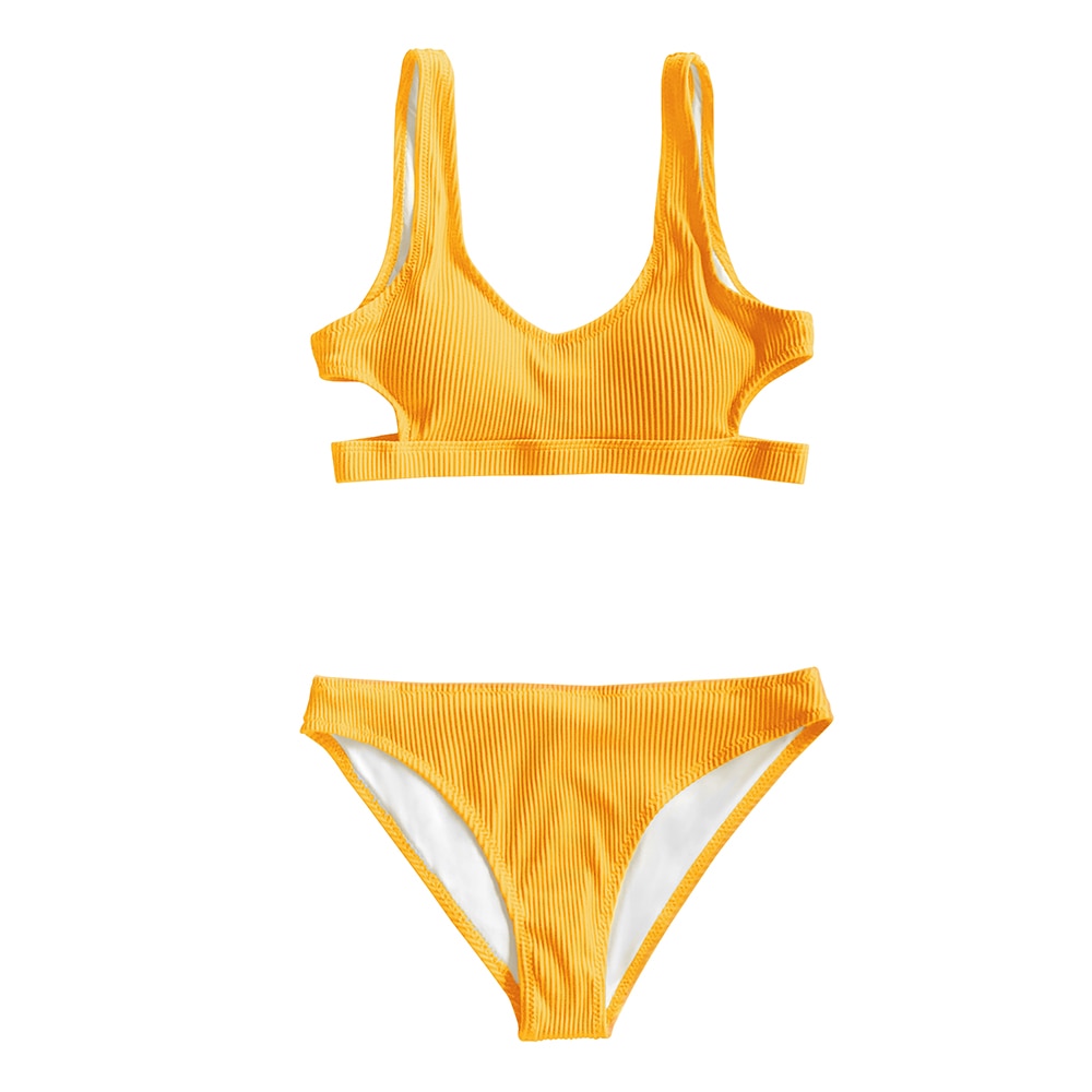 Cupshe Yellow Feather Yarn Solid Bikini Set Plain Hollow out Padded Two Pieces Swimwear 2022 Women Sexy Thong Swimsuits