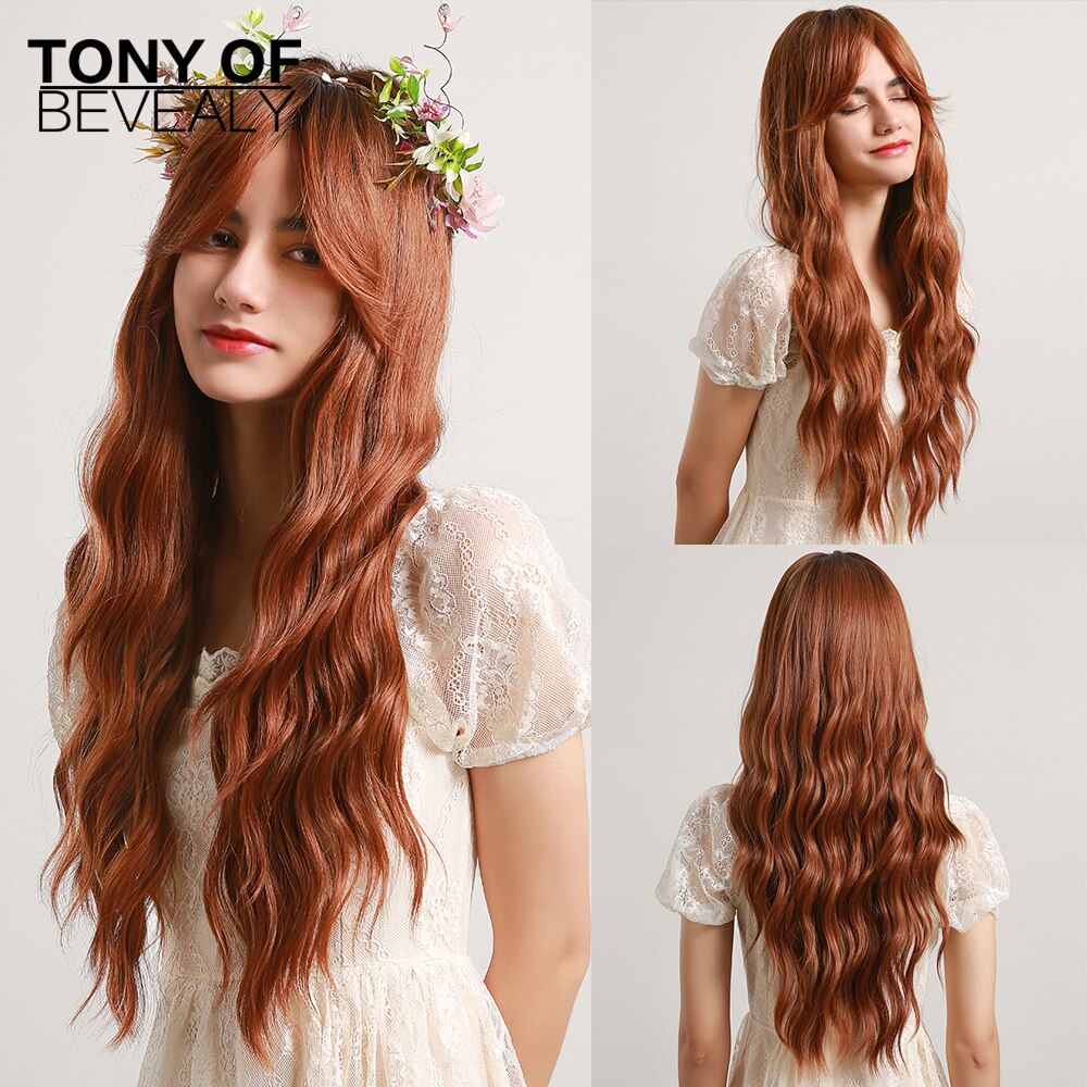 Long Synthetic Water Wave Wigs With Bangs Natural Curly Dark Brown Wigs for Women Cosplay Wigs Heat Resistant Fiber Wigs