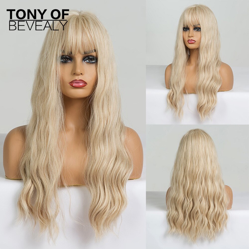 Long Synthetic Water Wave Wigs With Bangs Natural Curly Dark Brown Wigs for Women Cosplay Wigs Heat Resistant Fiber Wigs