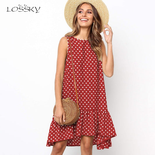 Lossky Women Summer Dress Polka Dot Chiffon Sleeveless Beach Mini Casual Yellow Sundress 2022 Fashion Plus Size Dress For Women