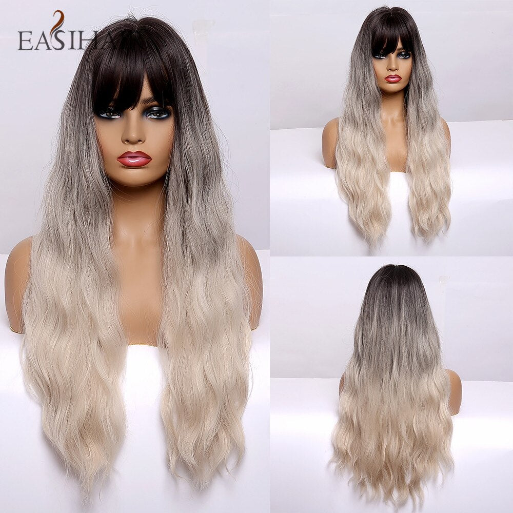 EASIHAIR Long Ombre Brown Wavy Synthetic Wigs for Women Wigs with Bangs Heat Resistant Blonde Cosplay Wigs Daily Natural Hair