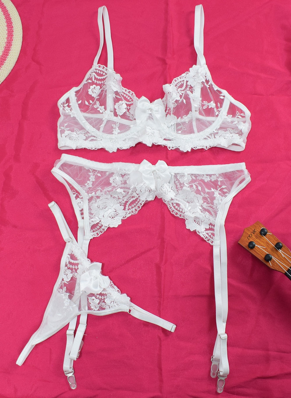 Mulherelfo Flower Embroidered Lingerie Set Women Sexy Lace Underwear Female Push Up Underwire Bras and Garter Panties 3Pcs Sets