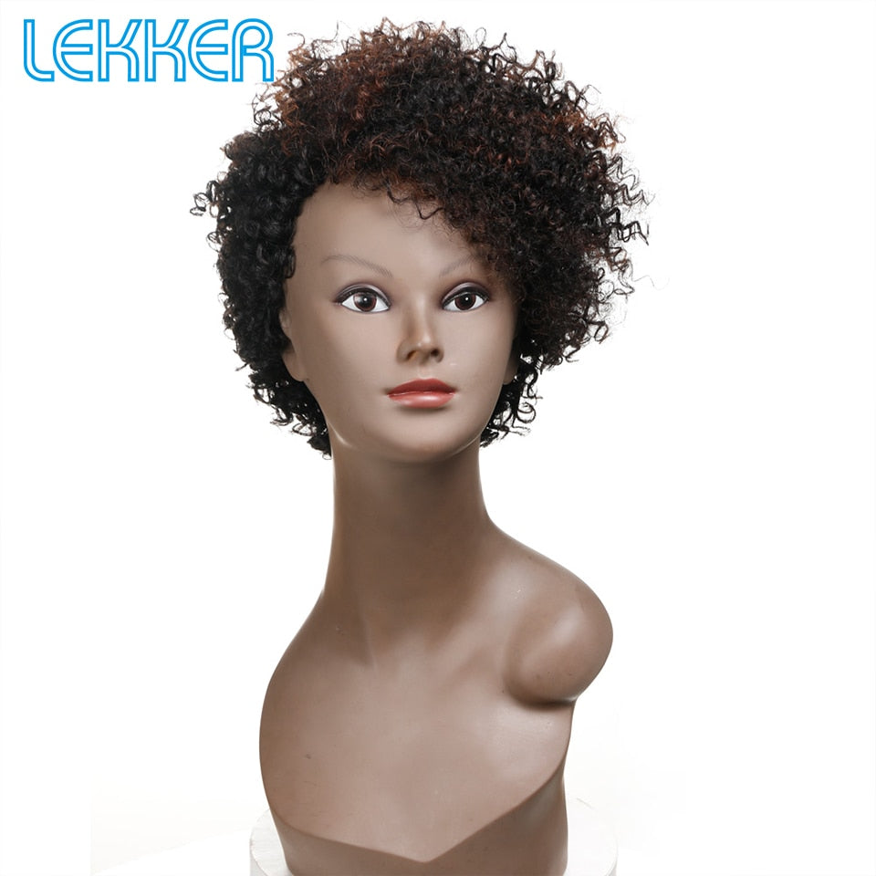 Lekker Short Curly Human Hair Wigs For Black Women Pixie Bob Afro Kinky Brazilian Remy Natural Part Side With Bangs Cheap Wigs