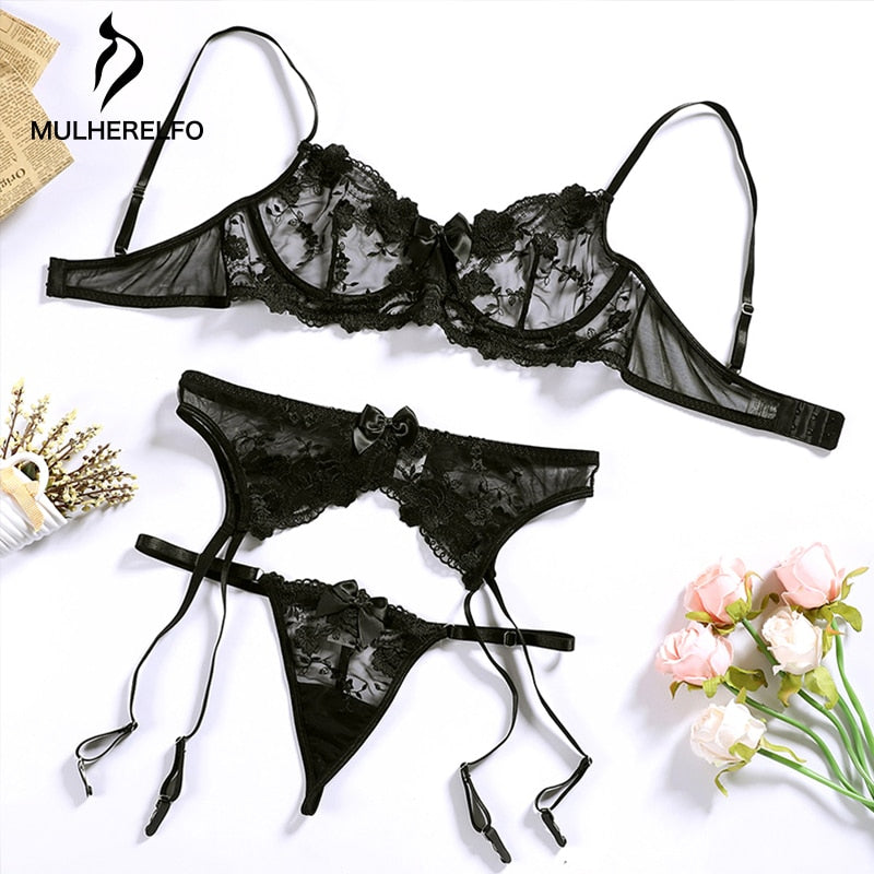 Mulherelfo Flower Embroidered Lingerie Set Women Sexy Lace Underwear Female Push Up Underwire Bras and Garter Panties 3Pcs Sets