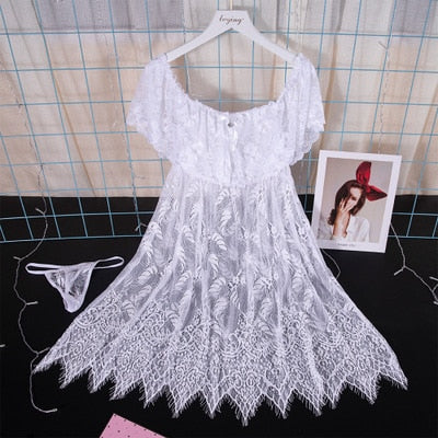 Plus size Lingerie Sleepwear White Nightgown Lingerie Ladies Sexy Lace Nightwear Womens Short Sleeve Homewear Nightdress M-3XL