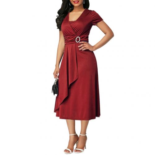 HOT SALE New Arrival Fashion Plus Size Dress Women Short Sleeve Asymmetric Hem Waist Tight Large Swing Midi Evening Party Dress