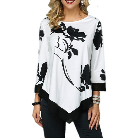 New Spring 5XL Large Size Women T Shirt Casual Irregular O-Neck Lace Splice Floral Printing Tee Shirt Women&#39;s Tops Plus Size 4XL