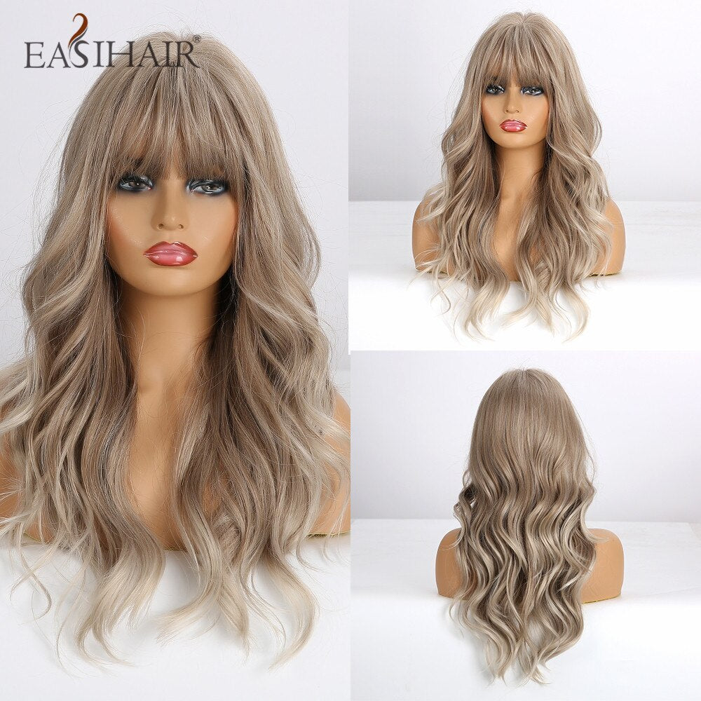 EASIHAIR Grey Ombre Wavy Wigs Long Synthetic Wigs for Women Wigs with Bangs Natural Hair Wigs Heat Resistant Cosplay Wigs