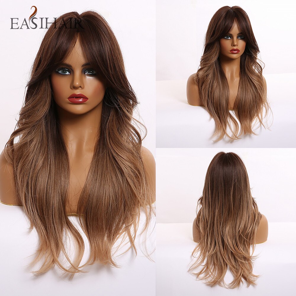 EASIHAIR Long Ombre Brown Wavy Synthetic Wigs for Women Wigs with Bangs Heat Resistant Blonde Cosplay Wigs Daily Natural Hair