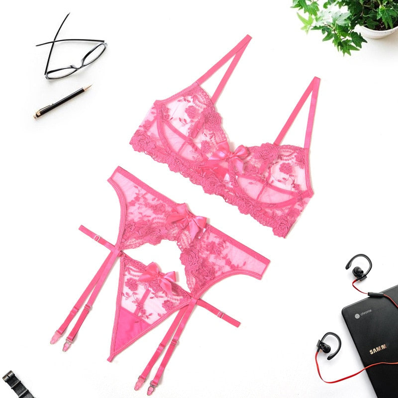 Mulherelfo Flower Embroidered Lingerie Set Women Sexy Lace Underwear Female Push Up Underwire Bras and Garter Panties 3Pcs Sets