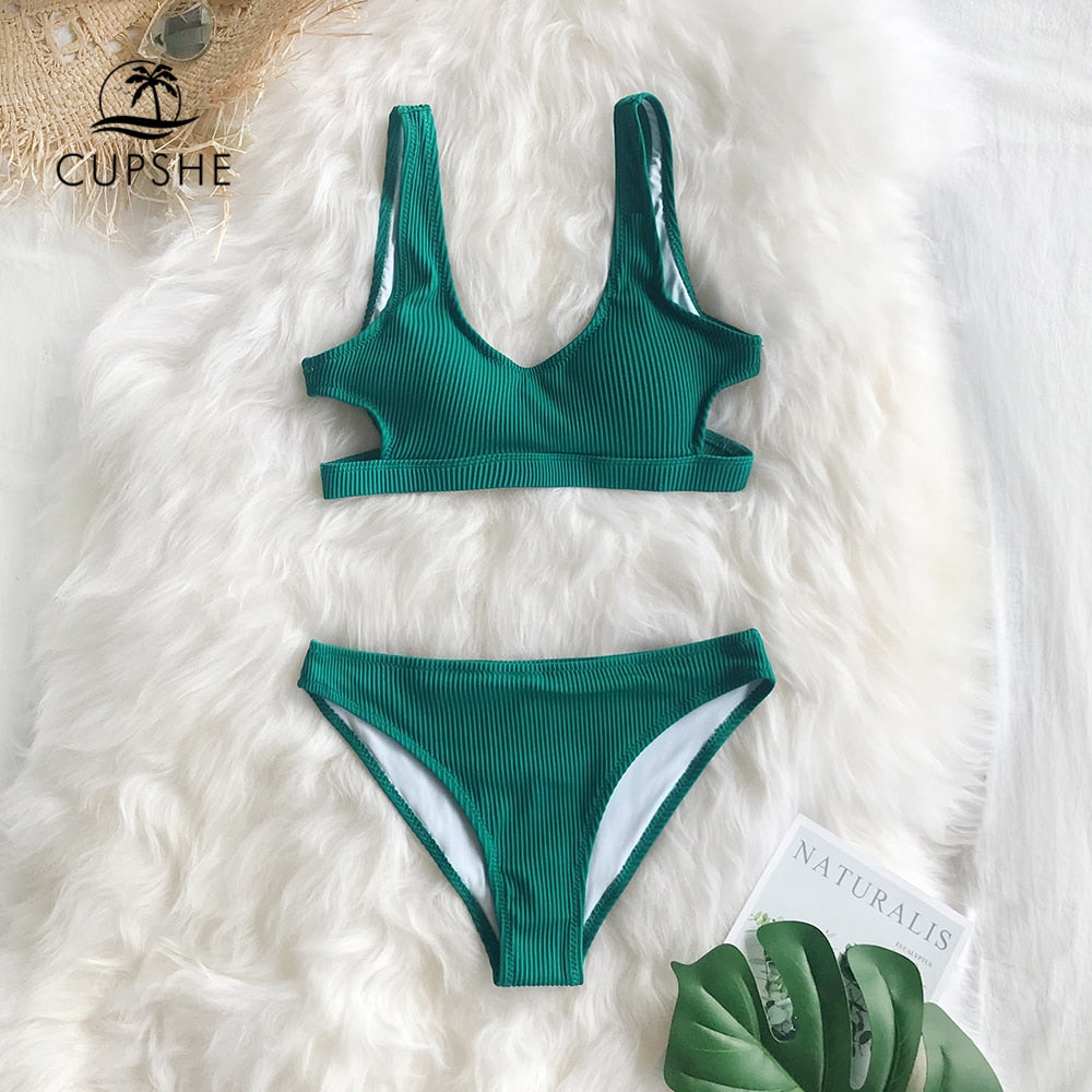 Cupshe Yellow Feather Yarn Solid Bikini Set Plain Hollow out Padded Two Pieces Swimwear 2022 Women Sexy Thong Swimsuits