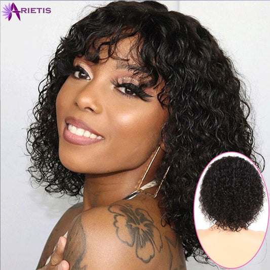 Jerry Curly Human Hair Wigs With Bangs 150% Density Glueless Full Machine Made Wig With Bang  Color 1b For Black Women