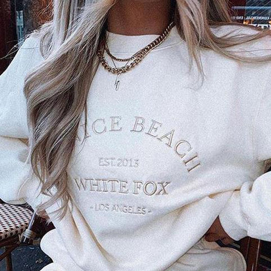 Embroidery Letter White Vintage American Oversized Sweatshirt Women Streetwear New Long Sleeve Casual Girl Tops Winter Plus Size