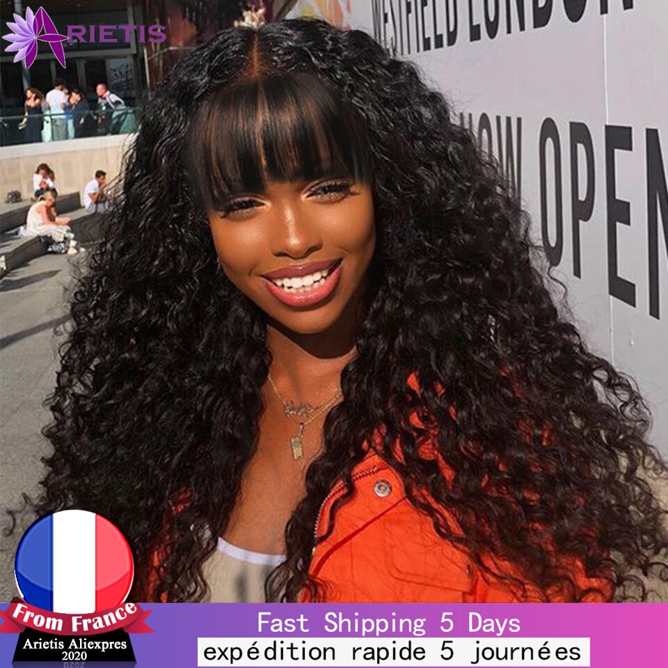 Jerry Curly Human Hair Wigs Full Wigs Indian Remy Hair Full Machine Wig With Bangs 8&quot;-24&quot;Inches Natural Black For Black Women