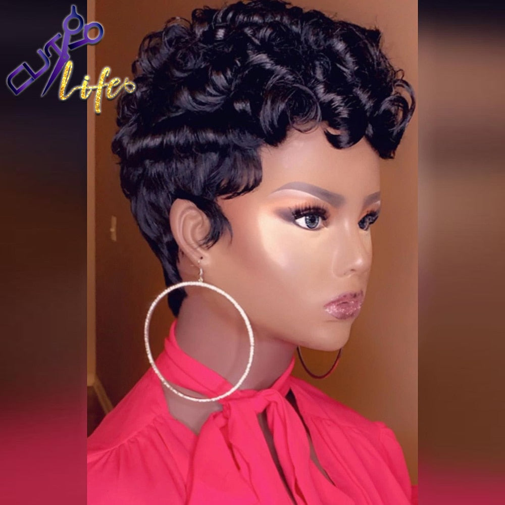 The Cut Life Short Curly Bob Pixie Cut Full Machine Made No Lace Human Hair Wigs With Bang For Black Women Remy Brazilian Hair