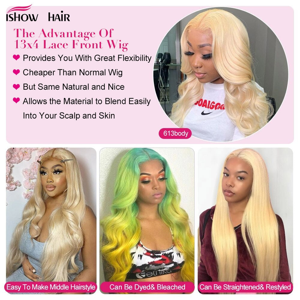 Ishow 613 Blonde Lace Front Wig 13x4 Transparent Lace Frontal Wig Pre Plucked 28 30 Inch Brazilian Body Wave Human Hair Wigs