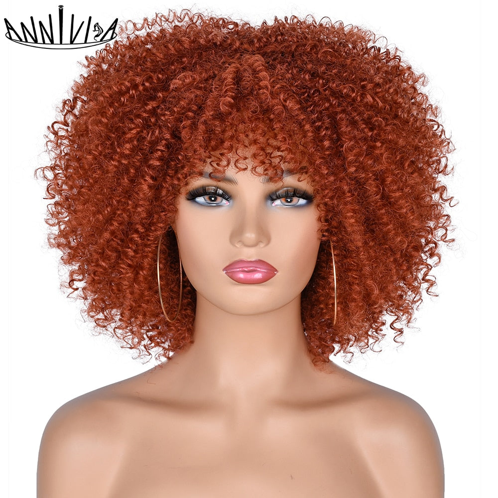 Short Hair Afro Kinky Curly Wigs With Bangs African Synthetic Ombre Glueless Cosplay Wigs For Black Women High Temperature