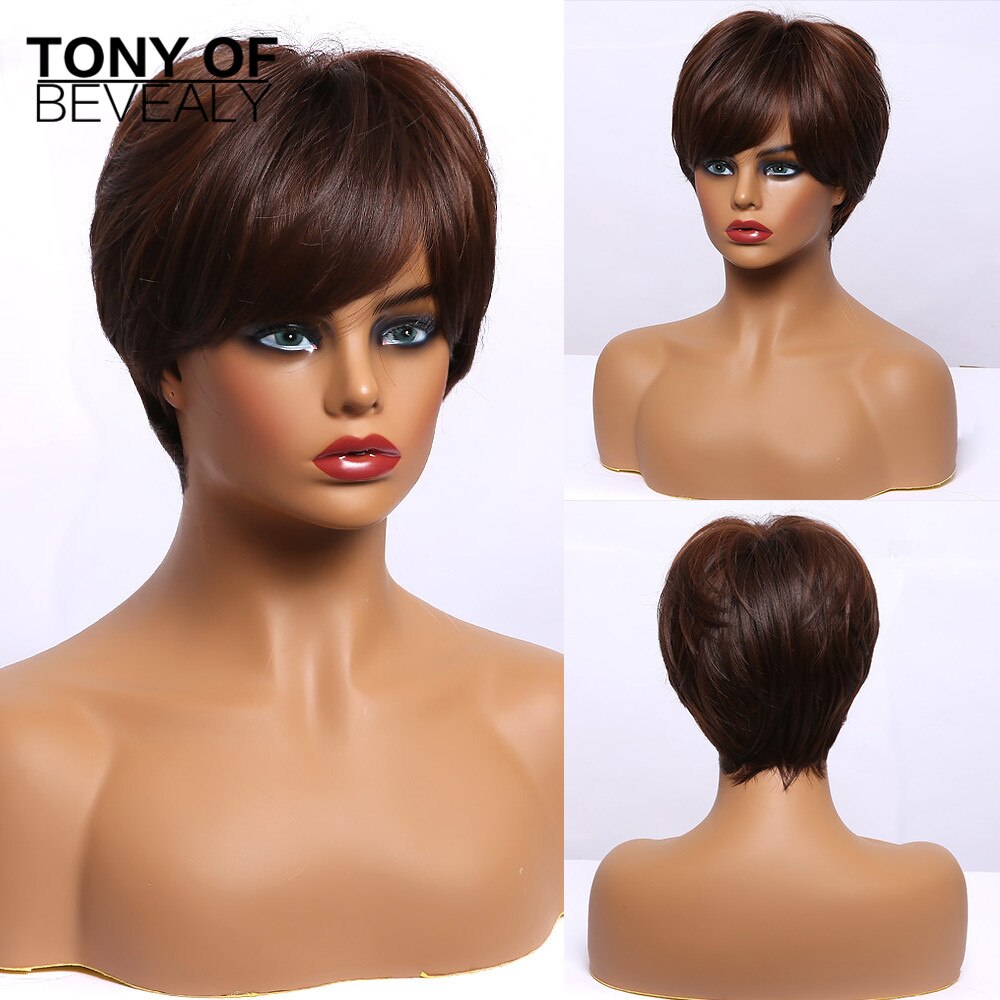 Short Straight Wigs Ombre Brown Synthetic Hair Wigs with Bangs for Black Women Daily Cosplay Heat Resistant Natural Hair Wigs