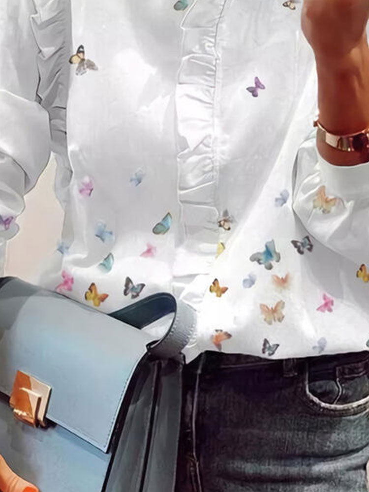 Oversize Work Wear Fashion Lady White Tee Shirts 2021 Summer Tops Plus Size Butterfly Print V-Neck Long Sleeves Casual Blouse