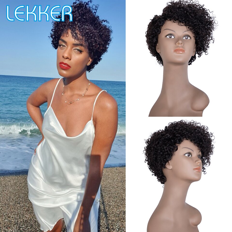 Lekker Short Curly Human Hair Wigs For Black Women Pixie Bob Afro Kinky Brazilian Remy Natural Part Side With Bangs Cheap Wigs