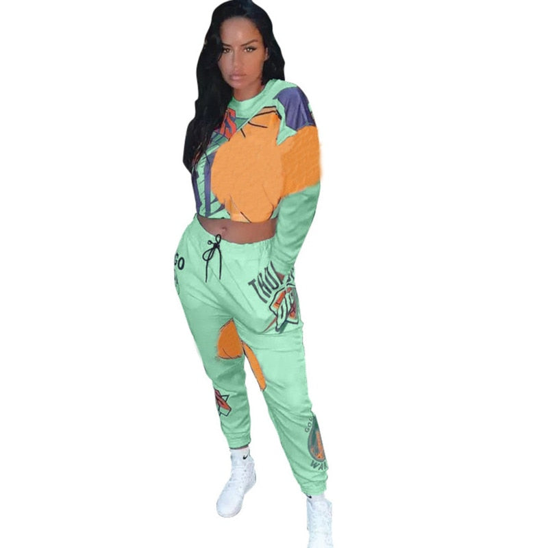 YICIYA Women Tracksuit 2 Piece Set Plus Size Sweatsuit Woman O-Neck Casual Print Long Sleeve Crop Top And Pants Female Outfits