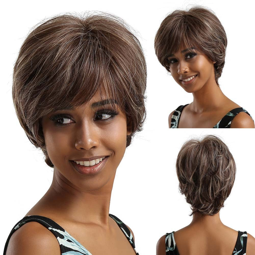 Short Straight Wigs Ombre Brown Synthetic Hair Wigs with Bangs for Black Women Daily Cosplay Heat Resistant Natural Hair Wigs