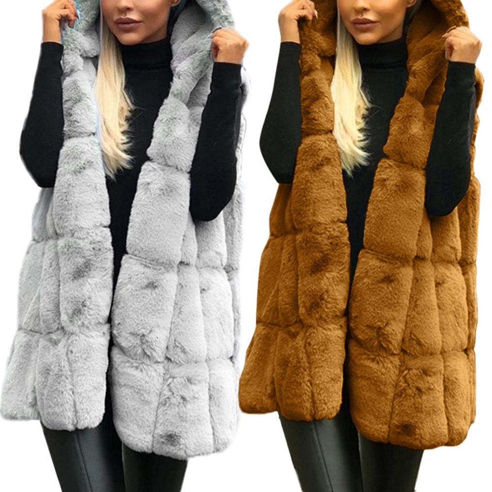 Plus Size Winter Thick Vest Jacket Faux Fur Casual Solid Color Hooded Waistcoat Long Knit Oversize Women Jacket Vest