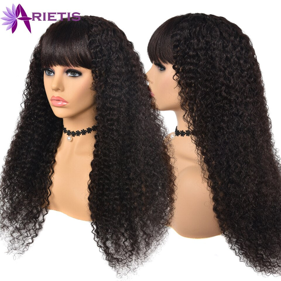 Jerry Curly Human Hair Wigs Full Wigs Indian Remy Hair Full Machine Wig With Bangs 8&quot;-24&quot;Inches Natural Black For Black Women