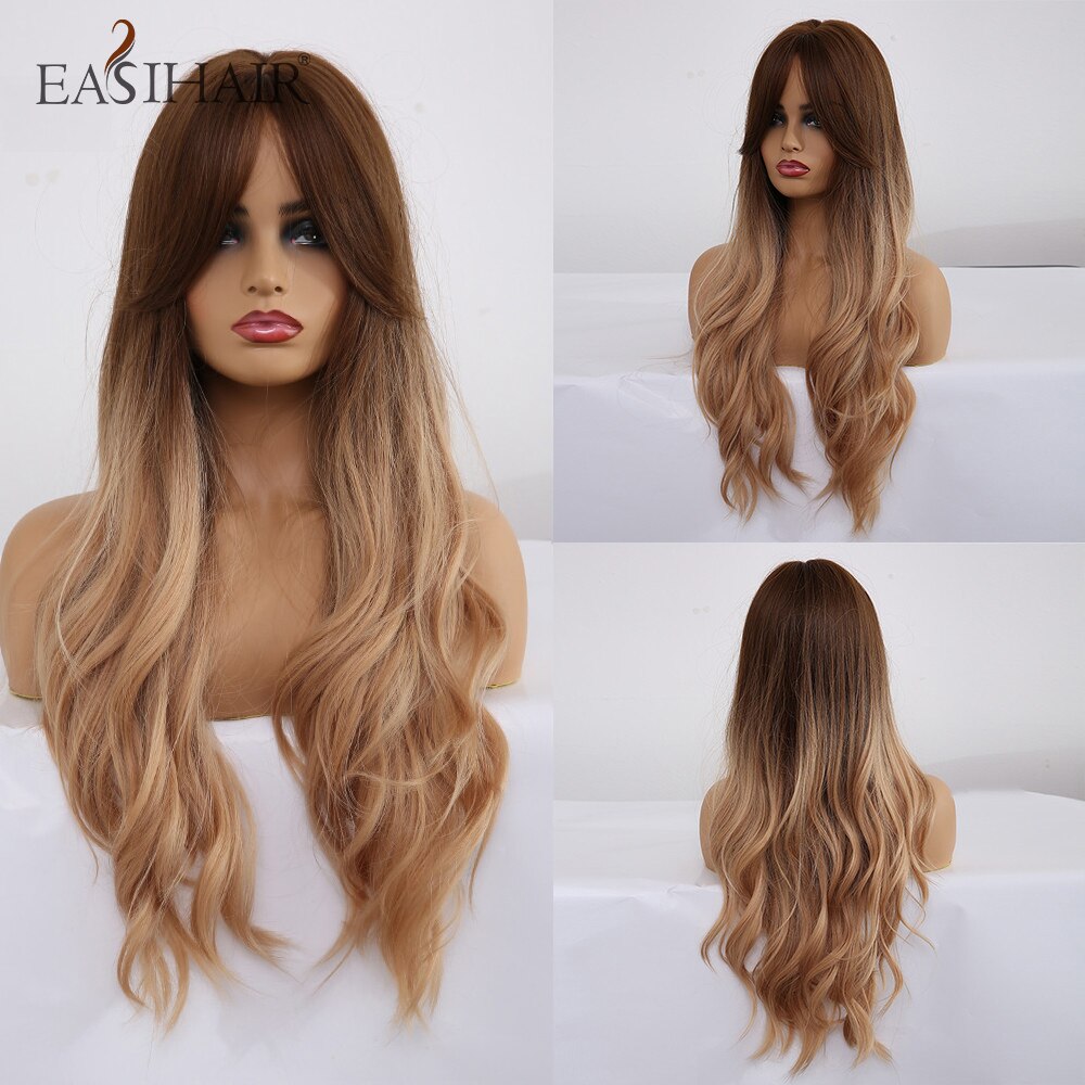 EASIHAIR Long Ombre Brown Wavy Synthetic Wigs for Women Wigs with Bangs Heat Resistant Blonde Cosplay Wigs Daily Natural Hair