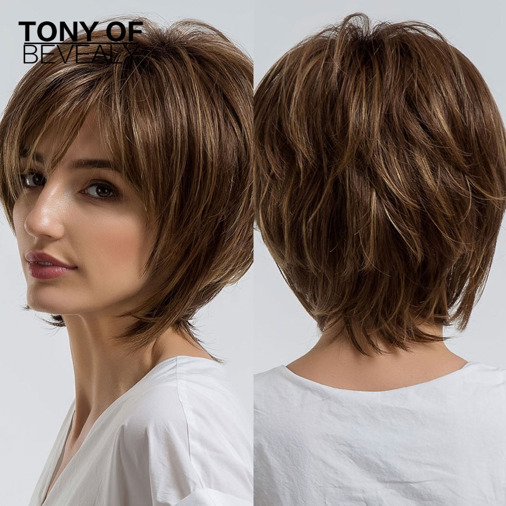 Short Straight Wigs Ombre Brown Synthetic Hair Wigs with Bangs for Black Women Daily Cosplay Heat Resistant Natural Hair Wigs