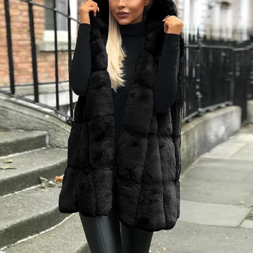 Plus Size Winter Thick Vest Jacket Faux Fur Casual Solid Color Hooded Waistcoat Long Knit Oversize Women Jacket Vest