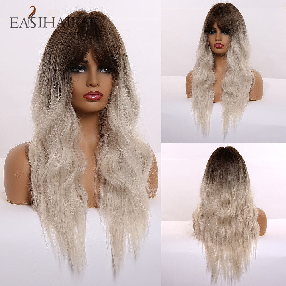 EASIHAIR Long Ombre Brown Wavy Synthetic Wigs for Women Wigs with Bangs Heat Resistant Blonde Cosplay Wigs Daily Natural Hair